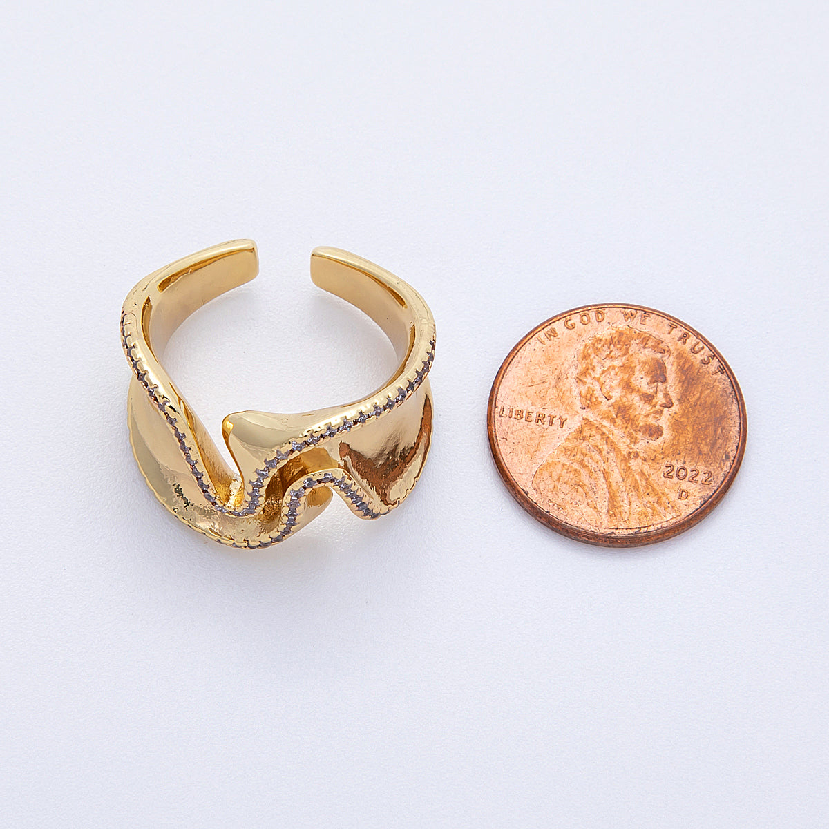 16K Gold Filled Micro Paved CZ Wavy Abstract Statement Ring | Rings-00021
