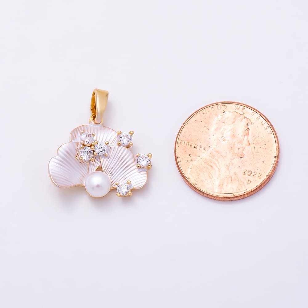 16K Gold Filled 19mm Clear CZ Cluster Shell Pearl White Enamel Ginkgo Leaf Pendant in Gold & Silver | Charms-02365 Charms-02366