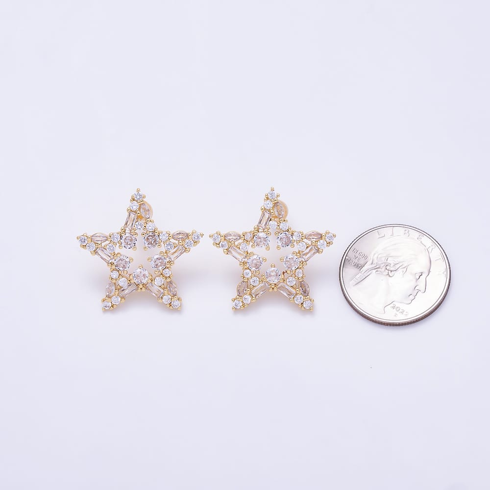 16K Gold Filled 27mm Mixed Cut Clear CZ Open Star Stud Earrings| Earrings-00922 - Earrings-00923