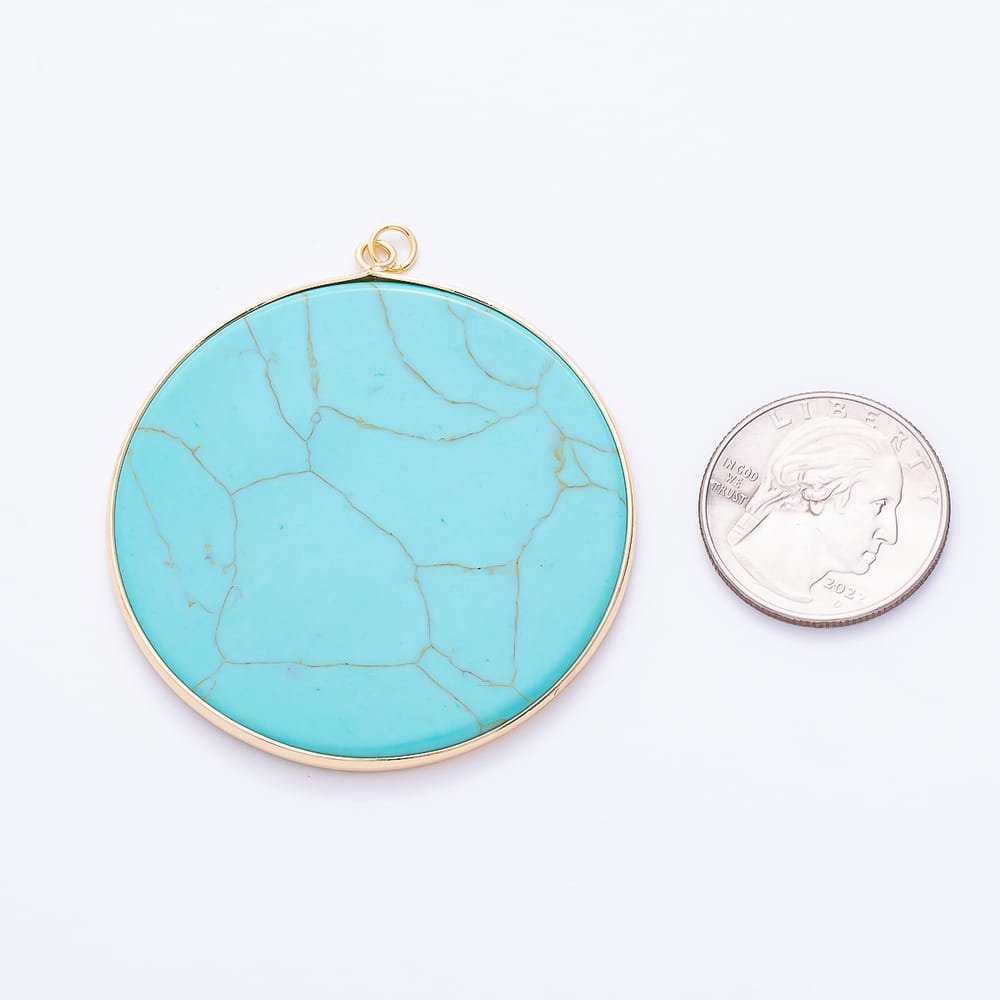 16K Gold Filled 55mm Turquoise Gemstone Round Circle Foil Bezel Pendant | Charms-02460