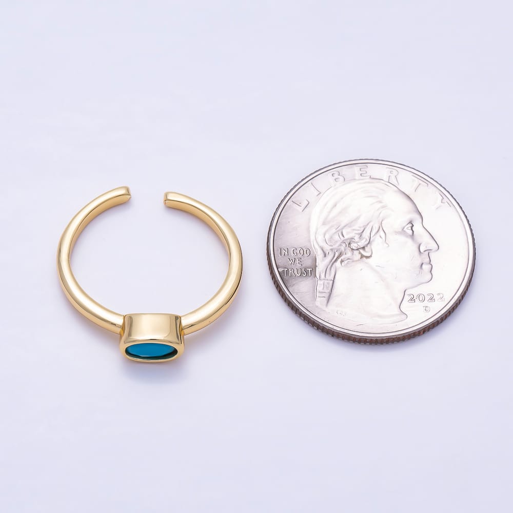 16K Gold Filled Turquoise Oval CZ Solitaire Open Adjustable Ring | Rings-00397 - Rings-00398