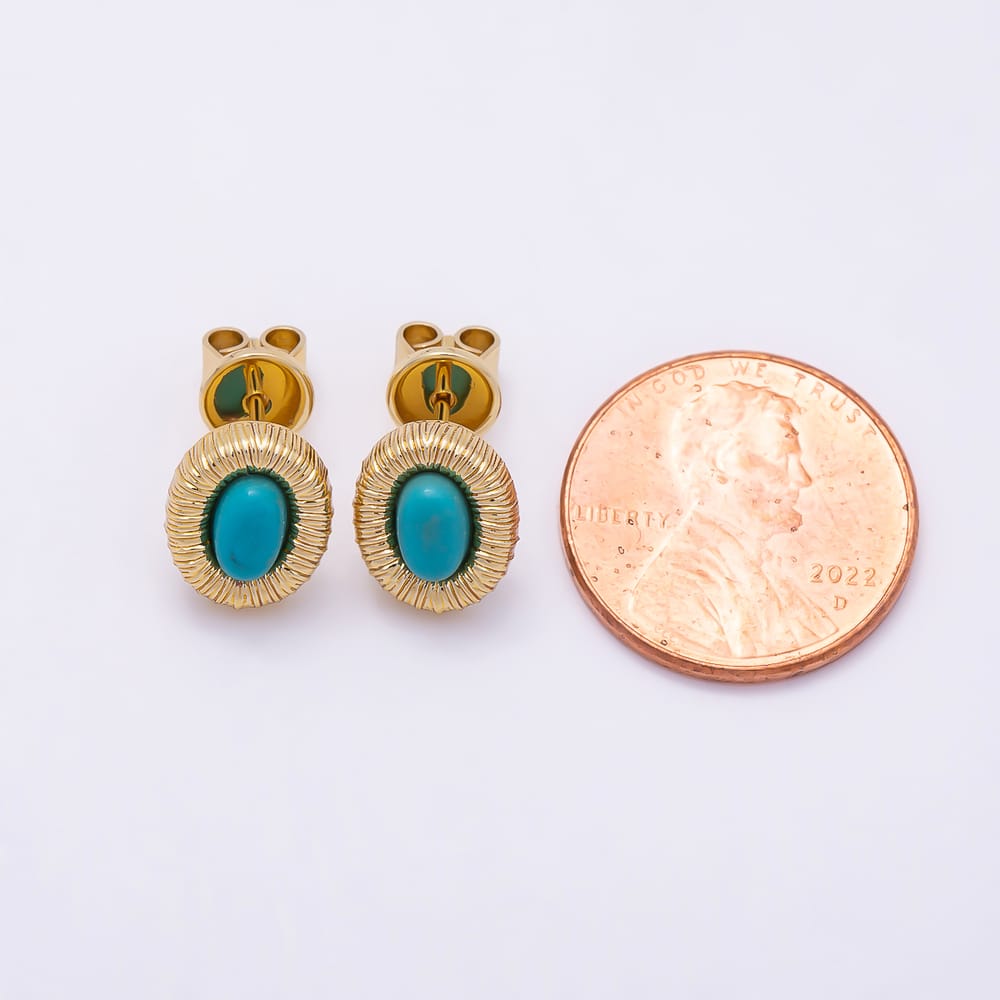 16K Gold Filled 10mm Blue Turquoise Lined Ribbed Textured Oval Bezel Stud Earrings | Earrings-01204