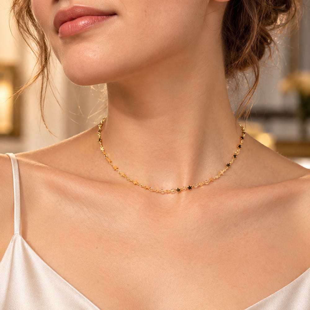 16K Gold Filled 4mm Minimalist Celestial Star Chain 14.5 Inch Choker Necklace | WA-04808