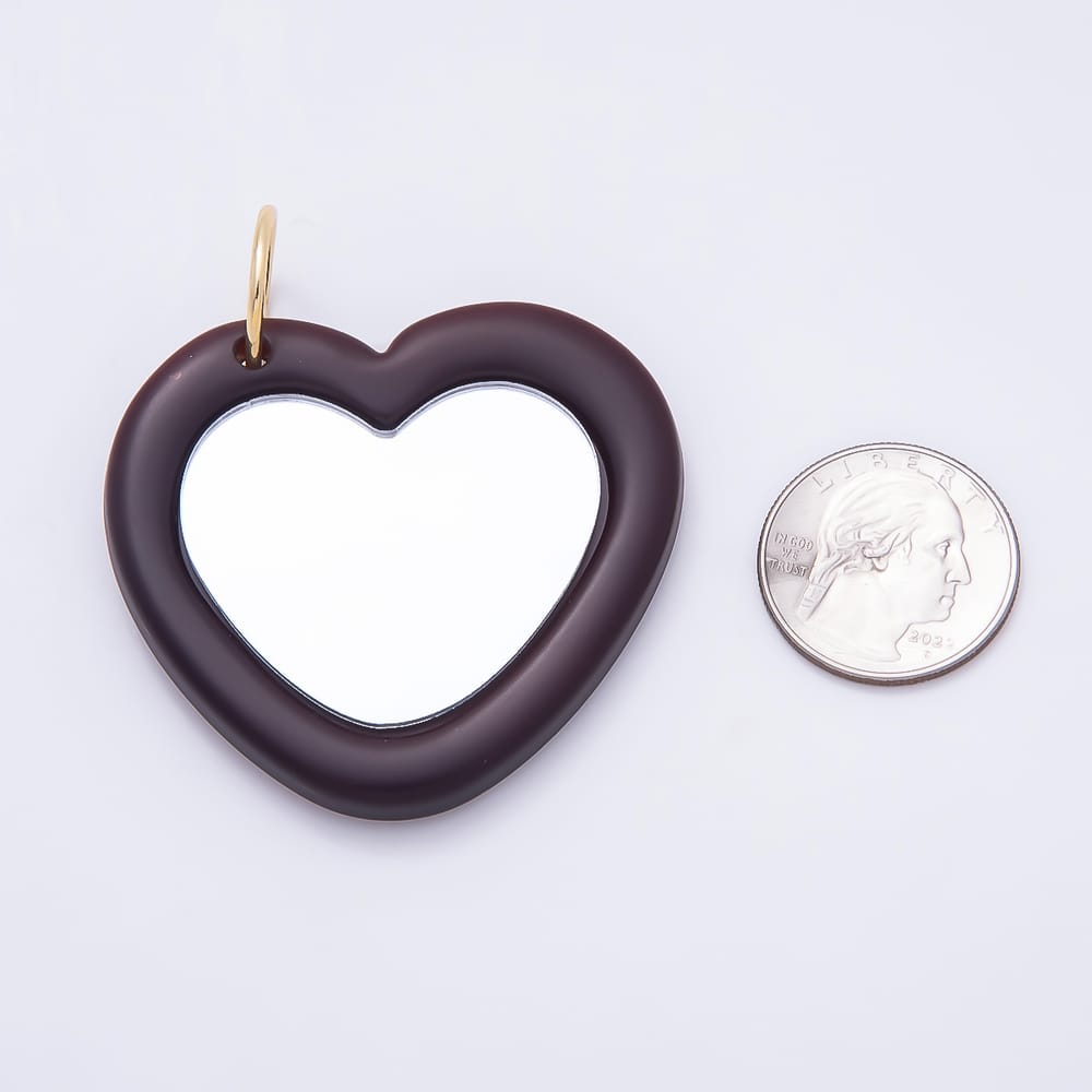 16K Gold Filled 54mm Dark Brown Enamel Mini Portable Mirror Heart Charm | Charms-02363
