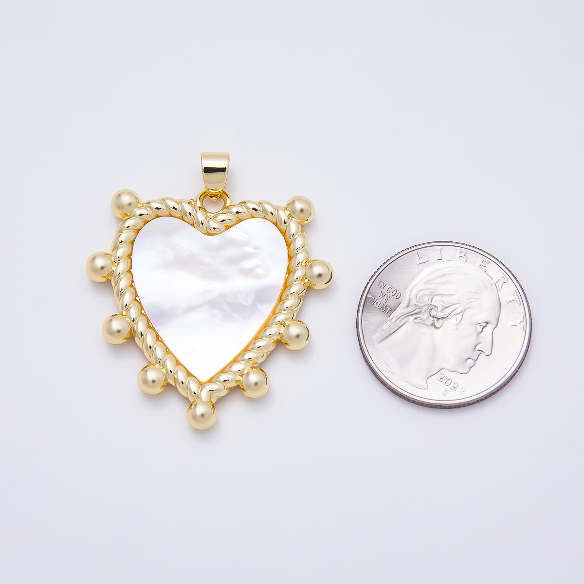 16K Gold Filled 36mm White Mother of Pearl Twisted Beaded Frame Heart Pendant | Charms-01785