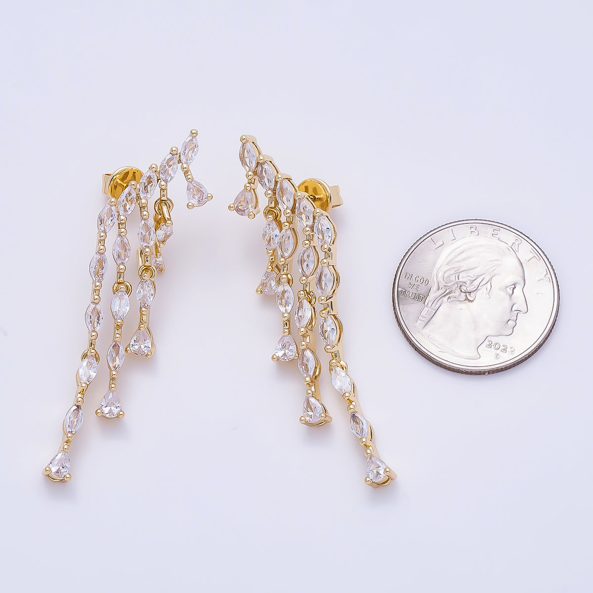 16K Gold Filled 52mm Clear Marquise CZ Cascading Multi Drop Stud Earrings | Earrings-00695