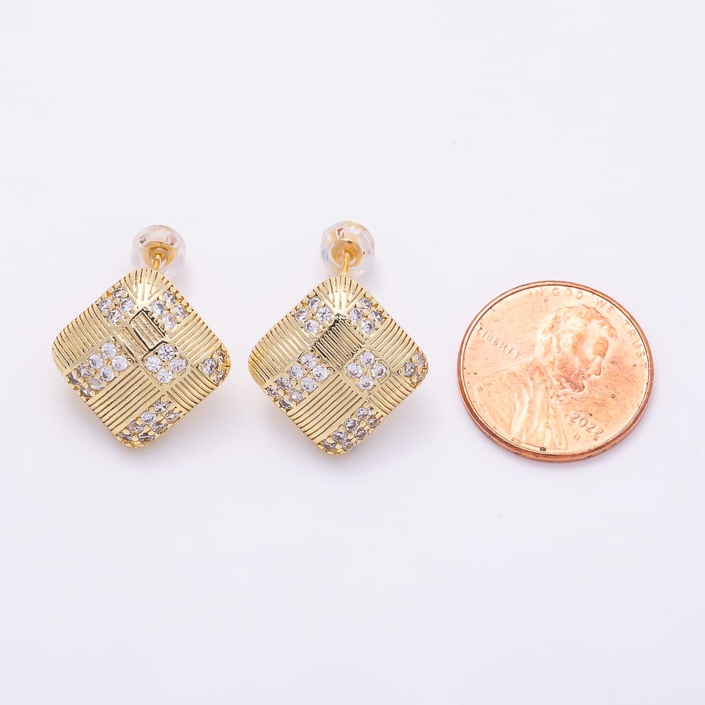 16K Gold Filled 17mm Micro Paved CZ Textured Rhombus Grid Stud Earrings| Earrings-00926