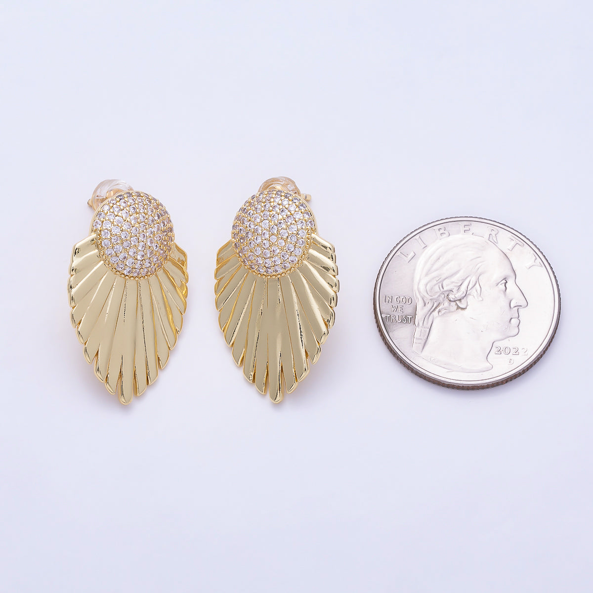 16K Gold Filled 27mm Dome Micro Paved CZ Art Deco Feather Fan Statement Stud Earrings in Gold & Silver | Earrings-00862 - Earrings-00863