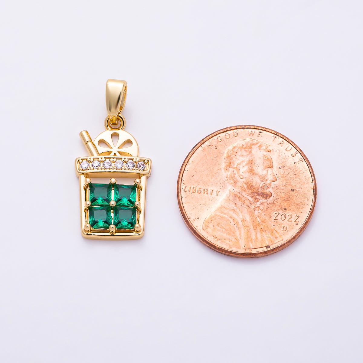16K Gold Filled 18mm Emerald Green CZ Iced Lemonade Juice Cup Pendant | Charms-01946 - Charms-01947