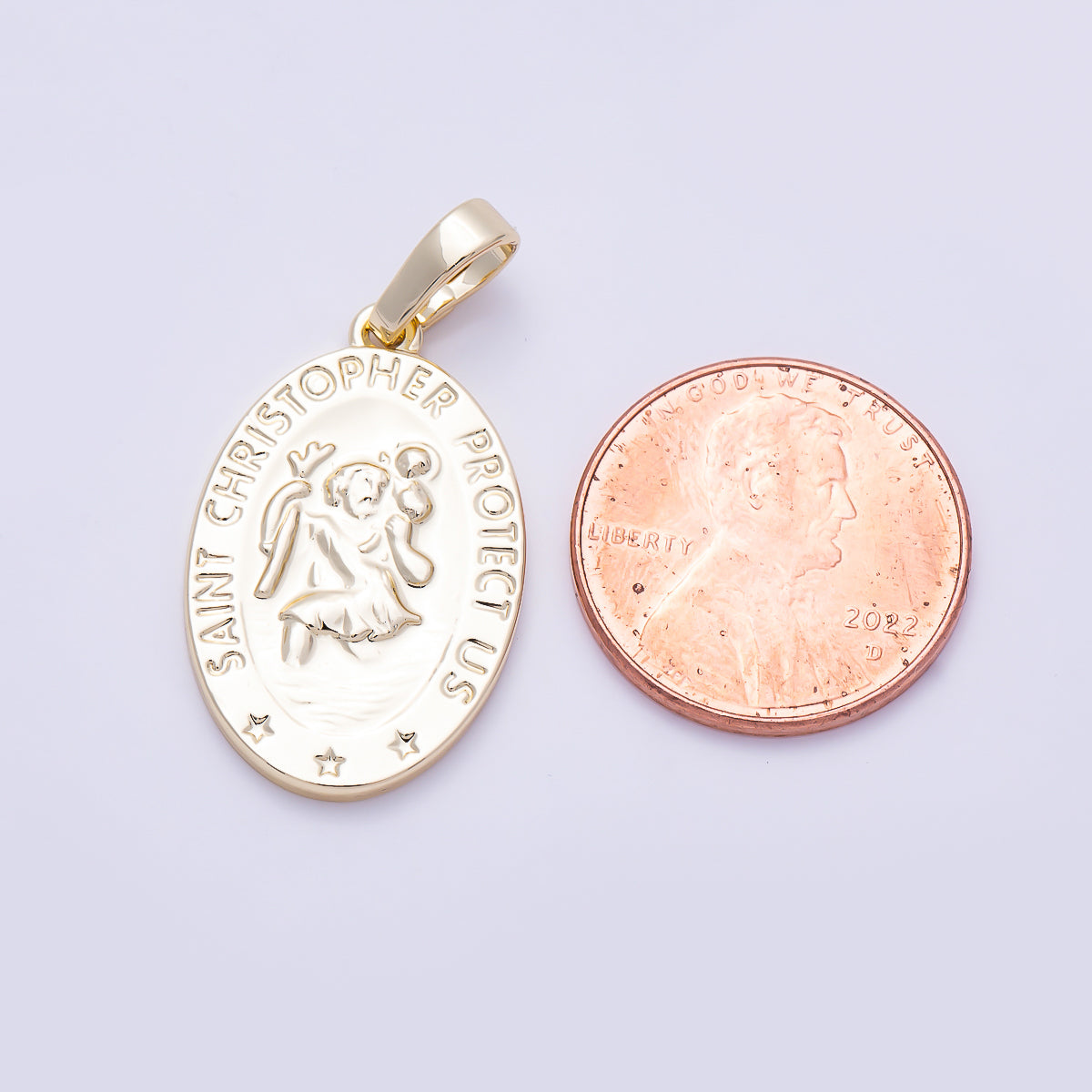 16K Gold Filled 25mm "Saint Christopher Save Us" Religious Prayer Oval Pendant | Charms-01397