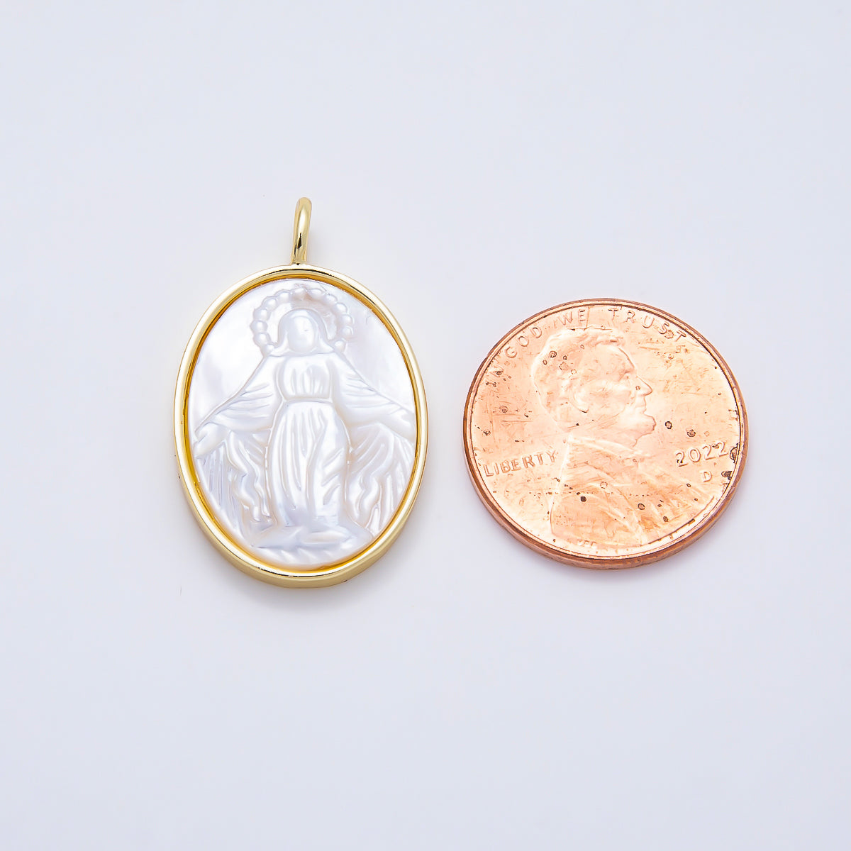 16K Gold Filled 27mm White Shell Pearl Virgin Mary Oval Charm | Charms-01508