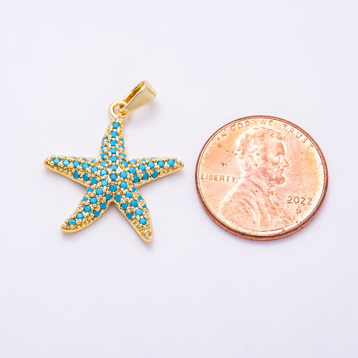 16K Gold Filled 21mm Turquoise Micro Paved CZ Starfish Ocean Beach Pendant | Charms-01895