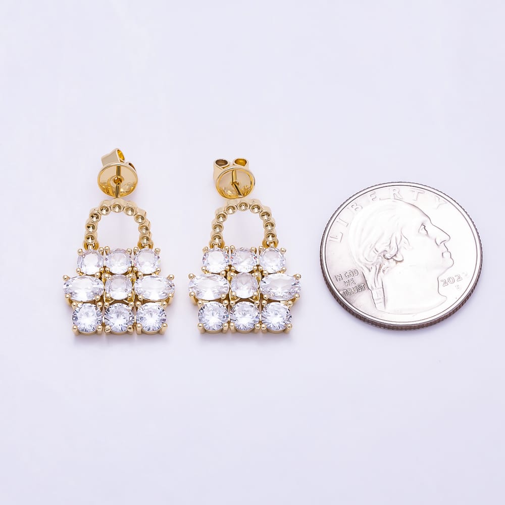 16K Gold Filled 22mm Clear Multi Cut CZ Luxury Handbag Stud Earrings| Earrings-00872 - Earrings-00873