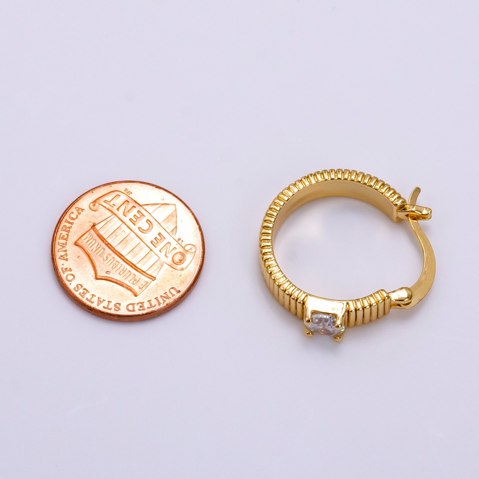 16K Gold Filled 20mm Clear CZ Ribbed Latch Hoop Earrings