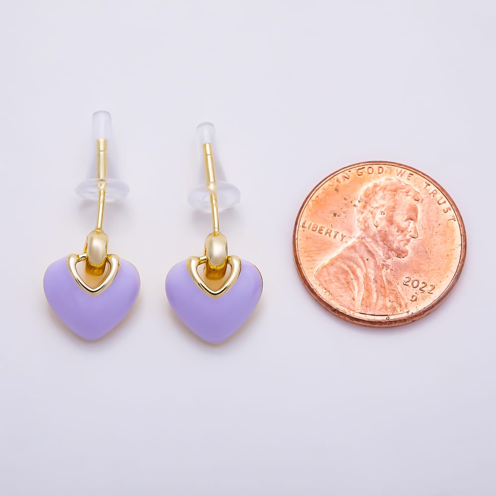 16K Gold Filled 16mm Colorful Pastel Enamel Puffed Heart Drop Stud Earrings | Earrings-00991 - Earrings-00998