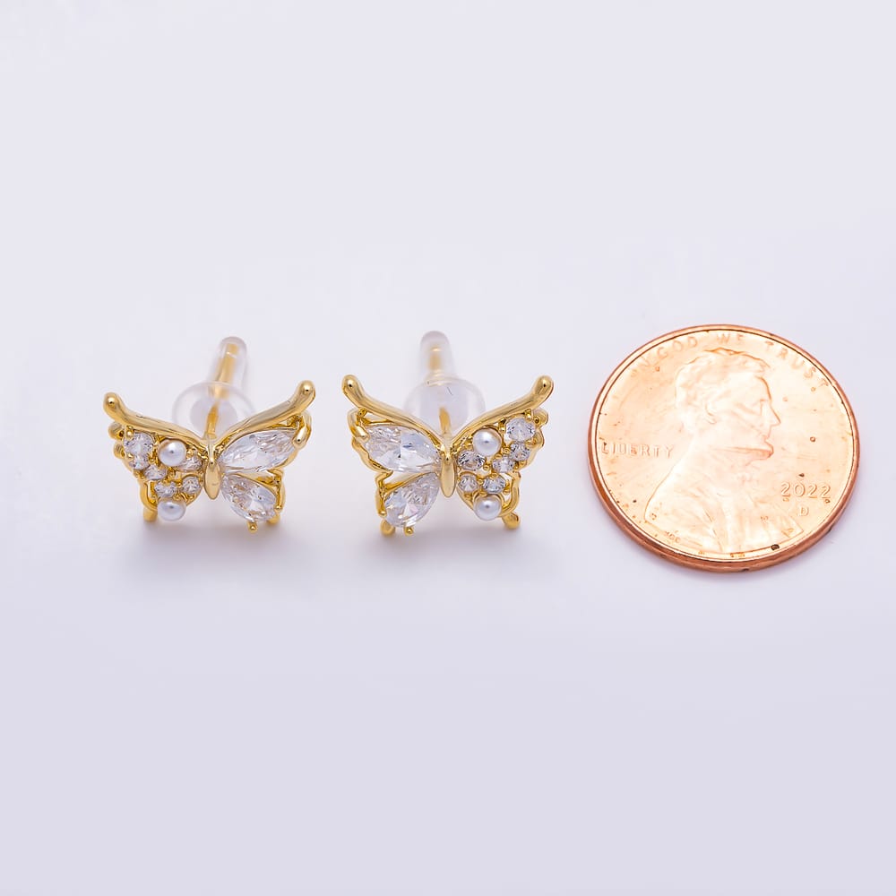 16K Gold Filled 14mm Multi Cut CZ Shell Pearl Butterfly Mariposa Stud Earrings| Earrings-01019 - Earrings-01020