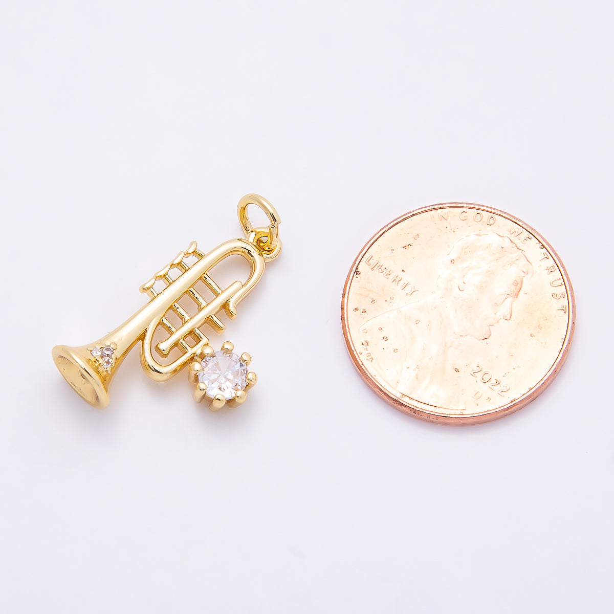 16K Gold Filled 20mm Clear CZ Trumpet Musical Instrument Charm | Charms-00858