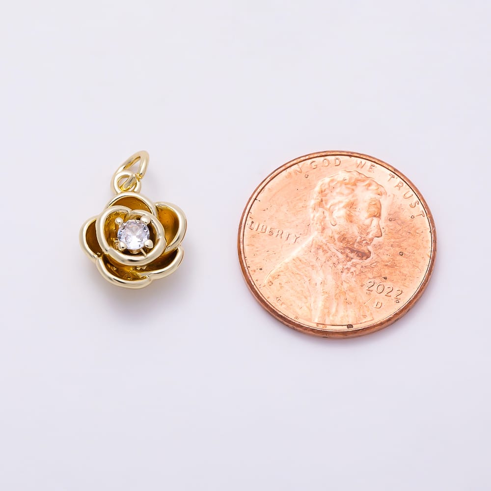 16K Gold Filled 11mm Clear CZ 3D Layered Rose Flower Mini Charm | Charms-02146 - Charms-02147