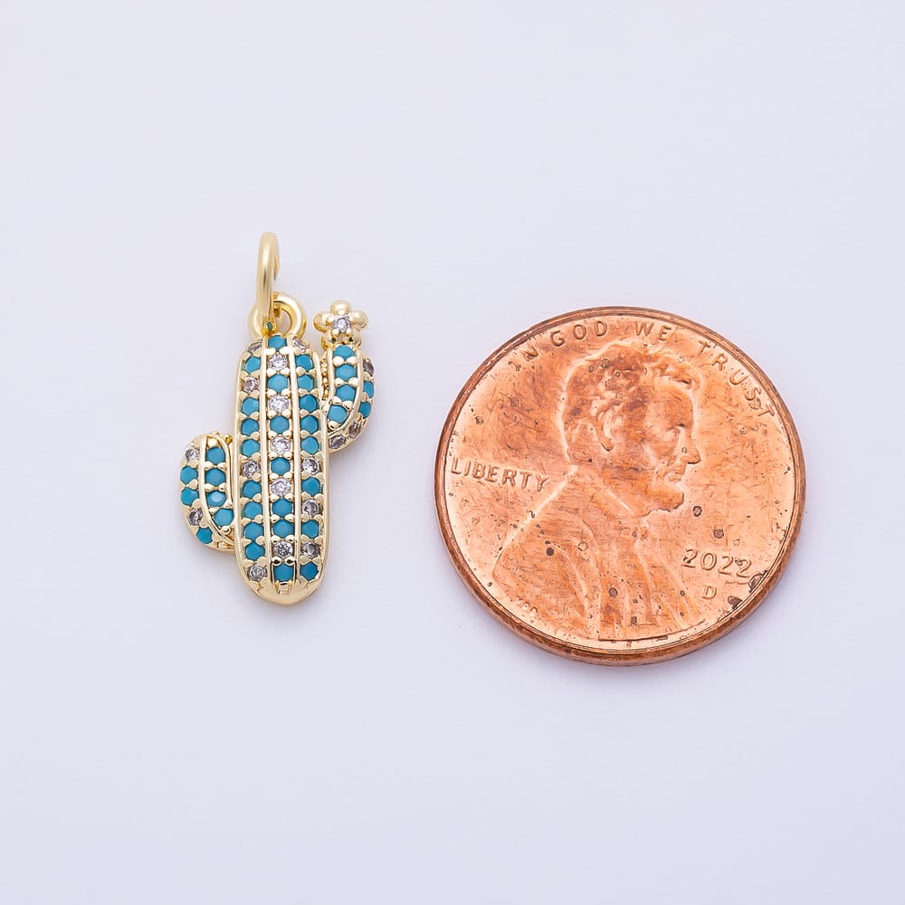 16K Gold Filled 16mm Turquoise Micro Paved Cactus Plant Charm in Gold & Silver | Charms-02473 Charms-02474