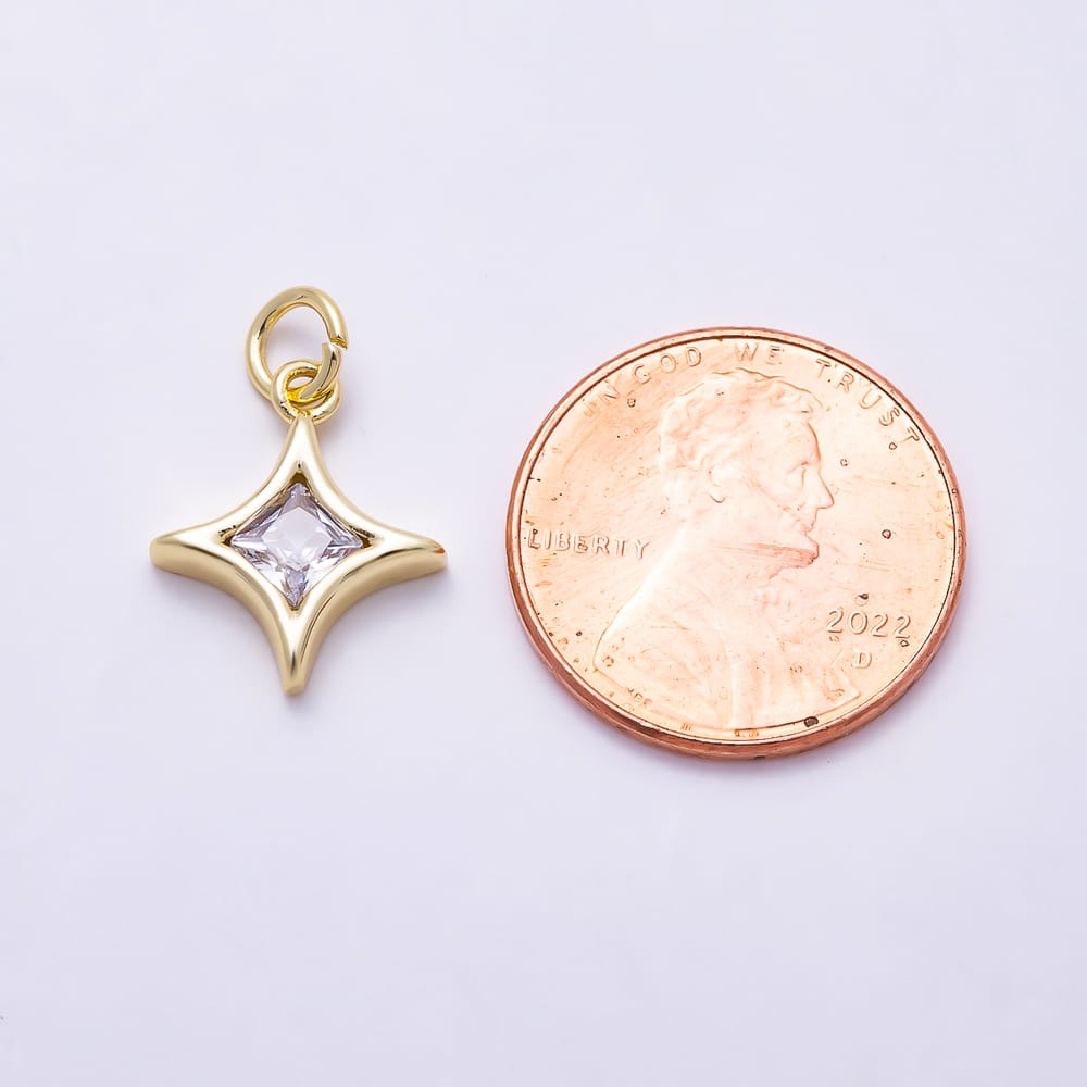 16K Gold Filled 15mm 4-Point Starburst Princess Cut Clear CZ Charm | Charms-02162
