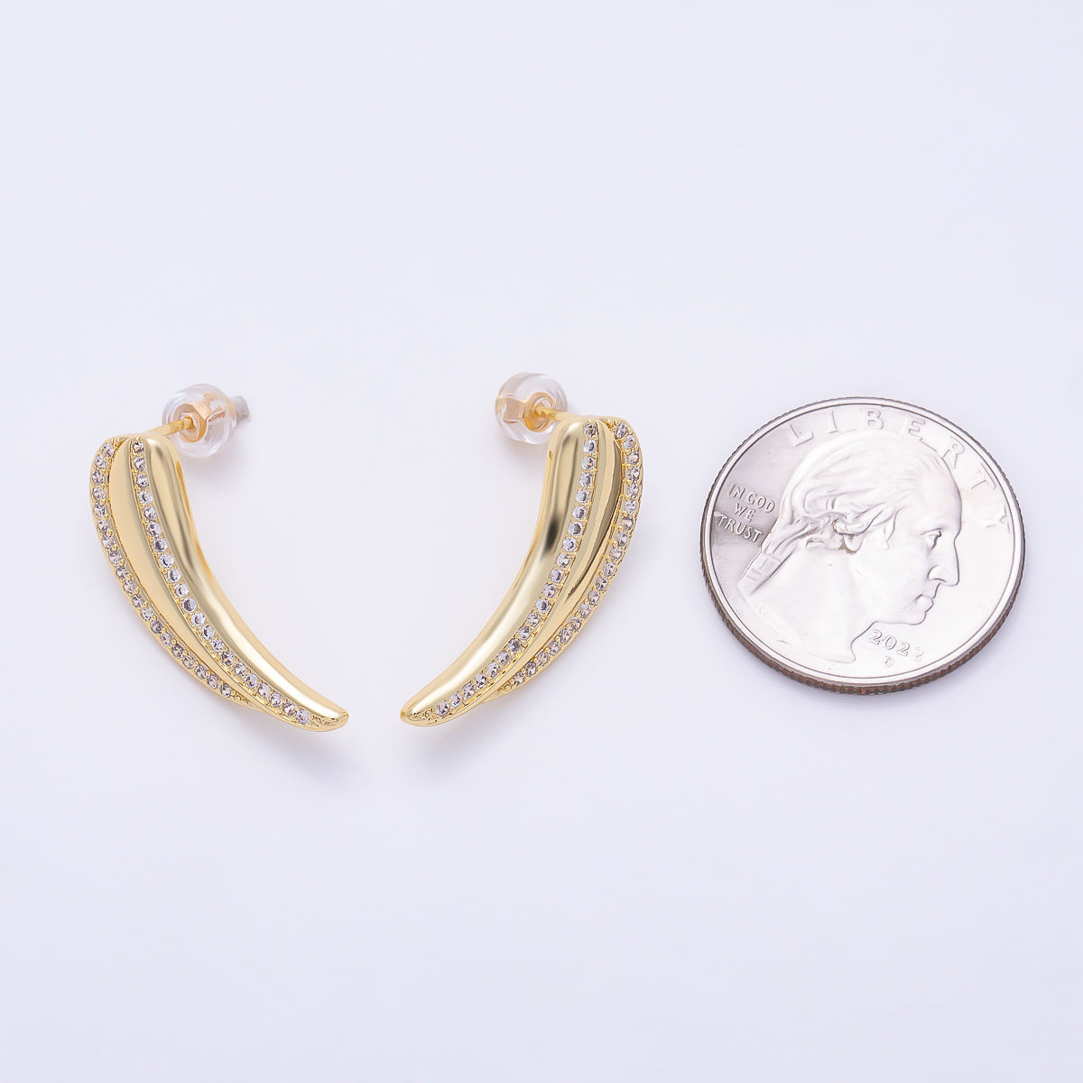 16K Gold Filled 27mm Micro Paved CZ Curved Tusk Drop Stud Earrings in Gold & Silver | Earrings-00856 - Earrings-00857