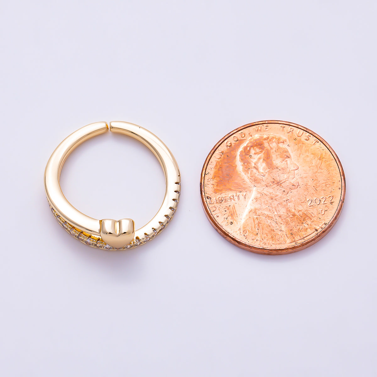 16K Gold Filled Micro Paved CZ Puffy Heart Half Eternity Open Adjustable Pinky Ring | Rings-00386