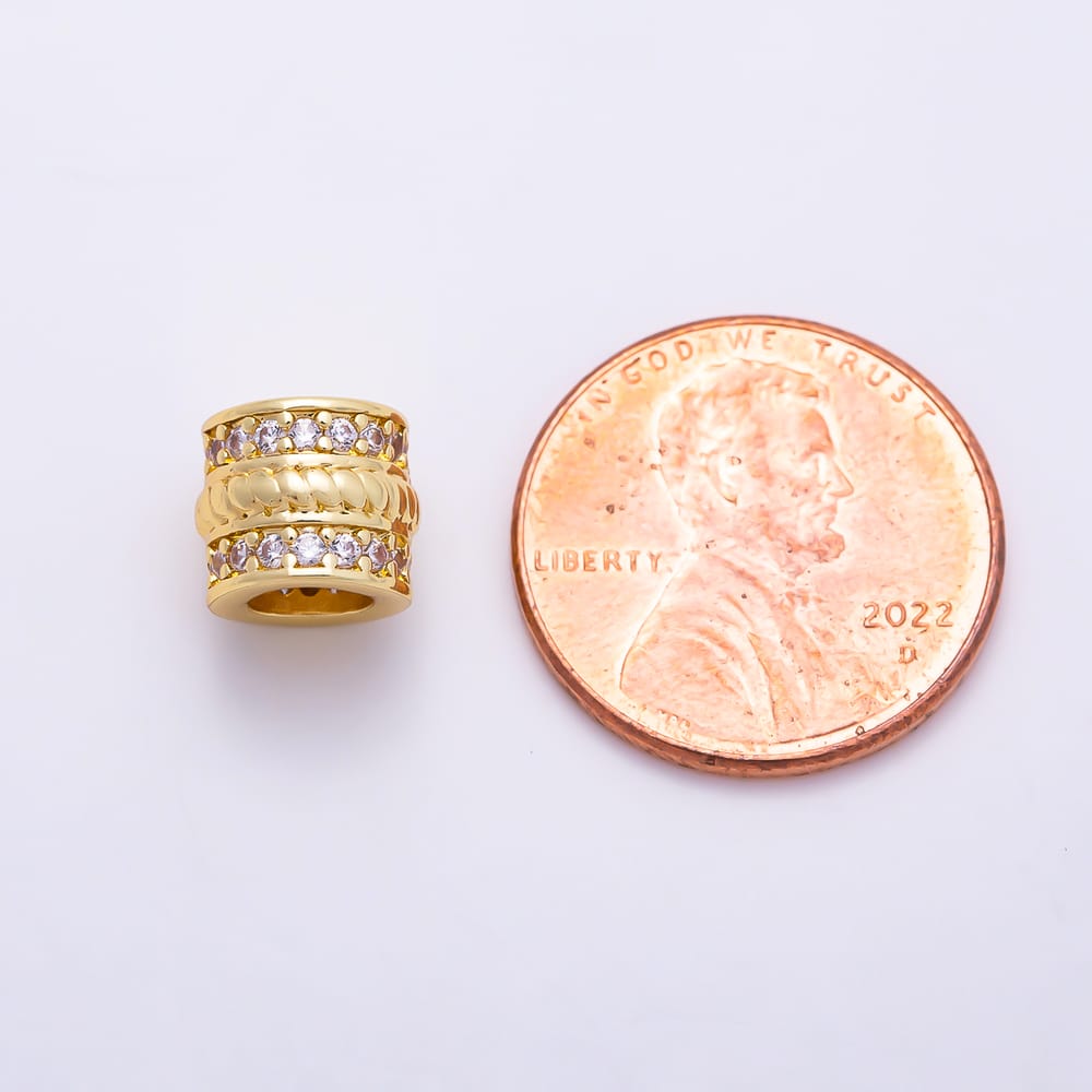 16K Gold Filled 8mm Clear Micro Paved CZ Twisted Rope Barrel Spacer Bead | Beads-00610