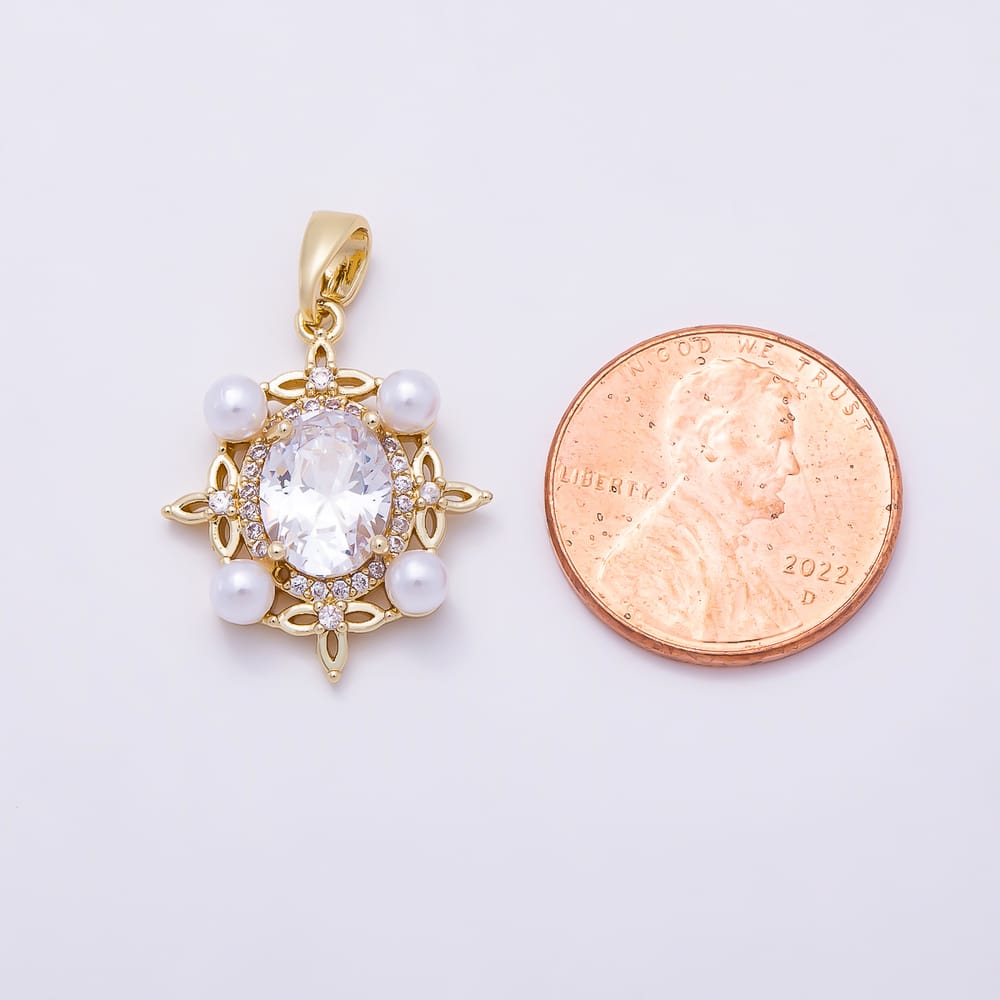 16K Gold Filled 21mm Clear Micro Paved CZ White Shell Pearl Flower Oval Pendant in Gold & Silver | Charms-02379