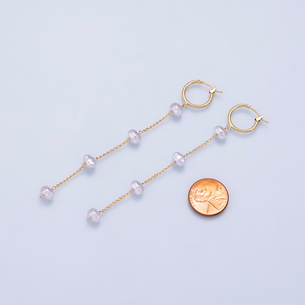 16K Gold Filled 4 Inches Shell Pearl Button Chain Drop Latch Hoop Earrings | Earrings -01257