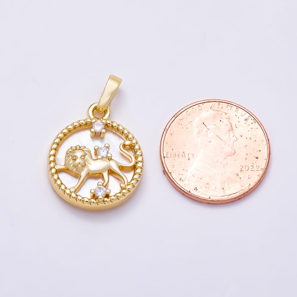 16K Gold Filled 19mm Clear CZ Mother of Pearl 12 Zodiac Sign Medallion Pendant | Charms-02079 - Charms-