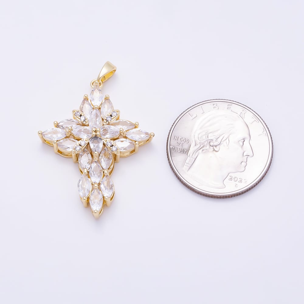 16K Gold Filled 35mm Marquise Micro Paved CZ Cluster Flower Religious Cross Pendant | Charms-02231