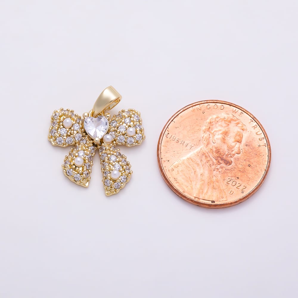 16K Gold Filled 16mm Clear CZ Micro Paved Shell Pearl Heart Ribbon Bow Pendant | Charms-02179