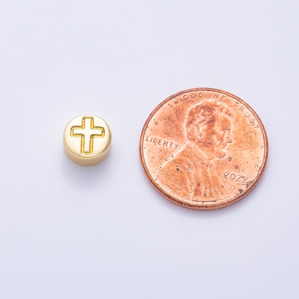16K Gold Filled 7mm Minimalist Engraved Religious Cross Round Bead in Gold & Silver | Beads-00637 Beads-00638