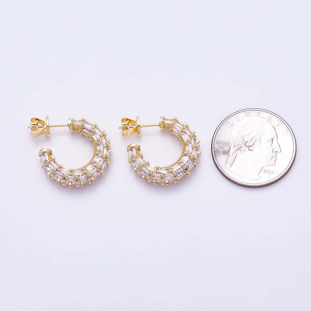 16K Gold Filled 25mm Baguette Lined C-Shaped Hoop Earrings in Gold & Silver | Earrings-00878 Earrings-00879