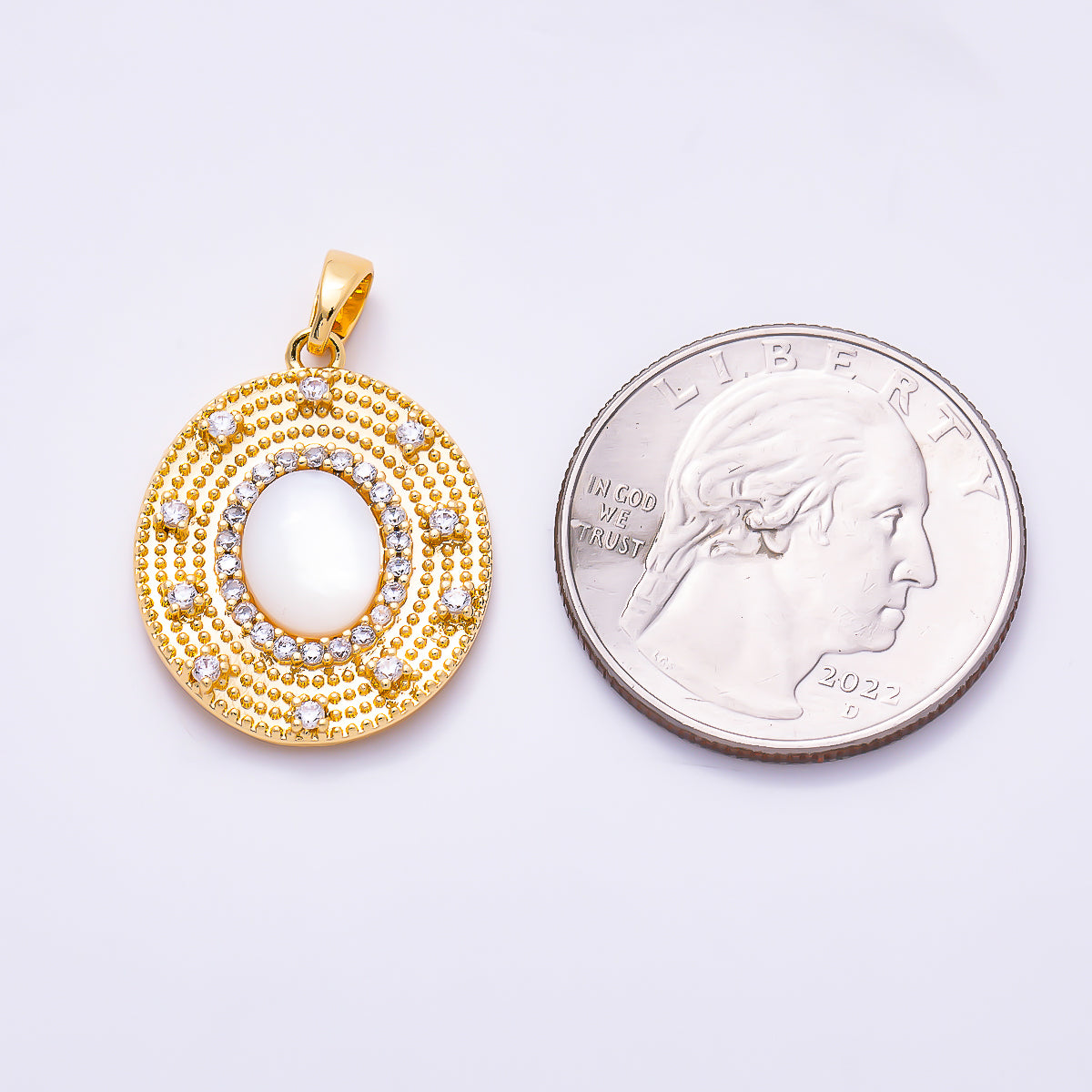 16K Gold Filled 23mm Clear CZ Beaded Oval Shell Pearl Medallion Pendant | Charms-02022