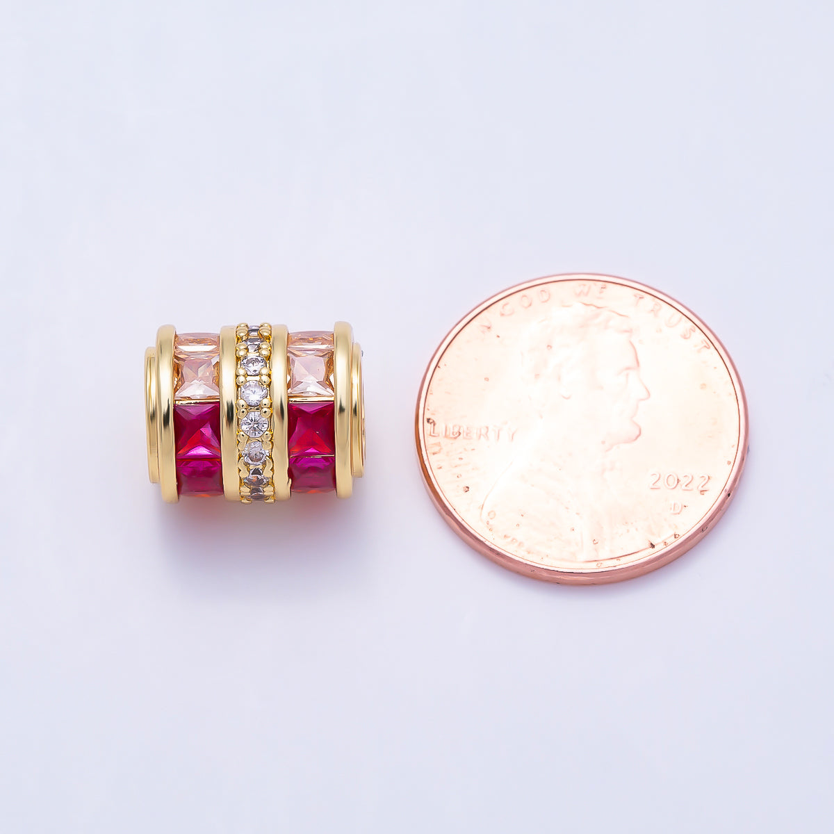 16K Gold Filled 12mm Red Pink Baguette Gradient Micro Paved CZ Wide Bead | Beads-00539