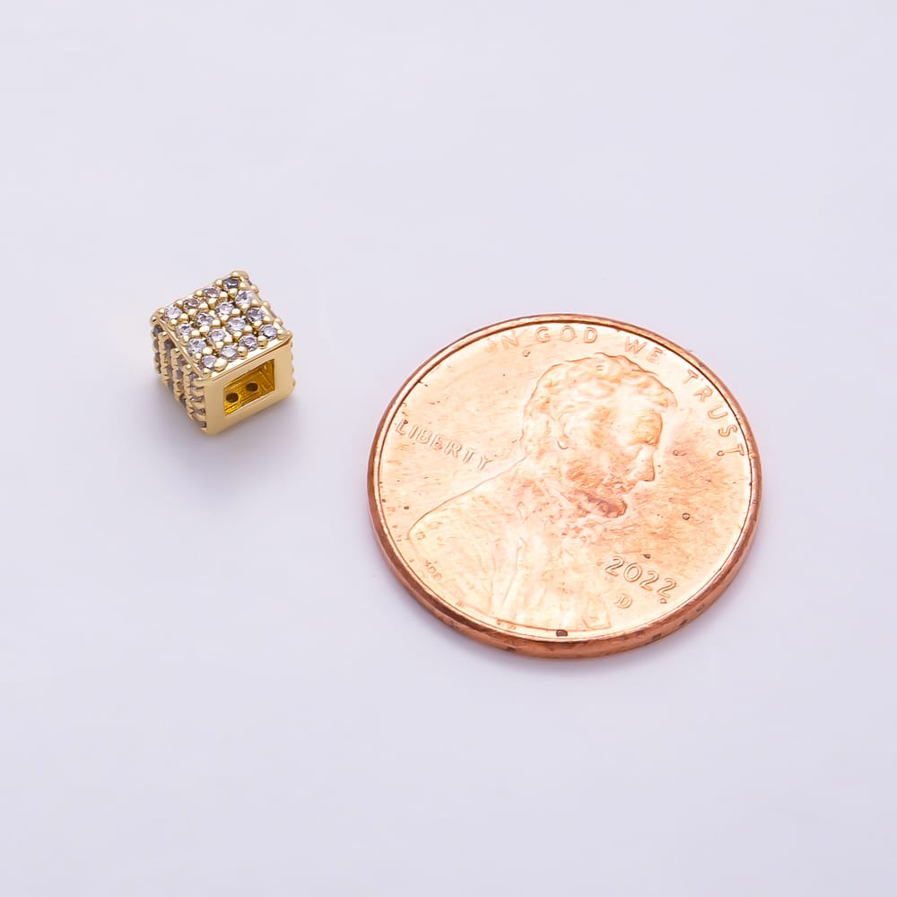 16K Gold Filled 6mm Micro Paved CZ 3D Cube Spacer Square Bead | Beads-00629