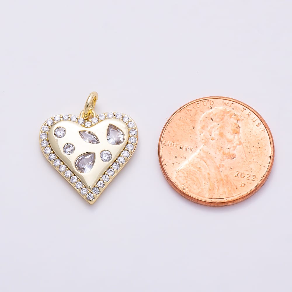16K Gold Filled 16mm Multi Cut Dotted Micro Paved CZ Heart Charm in Gold & Silver | Charms-02286 Charms-02287