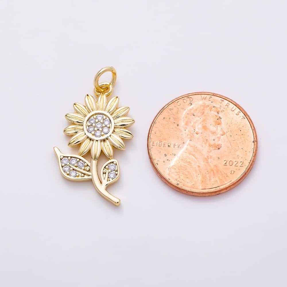 16K Gold Filled 23mm Micro Paved CZ Sunflower Charm in Gold & Silver | Charms-02280 Charms-02281