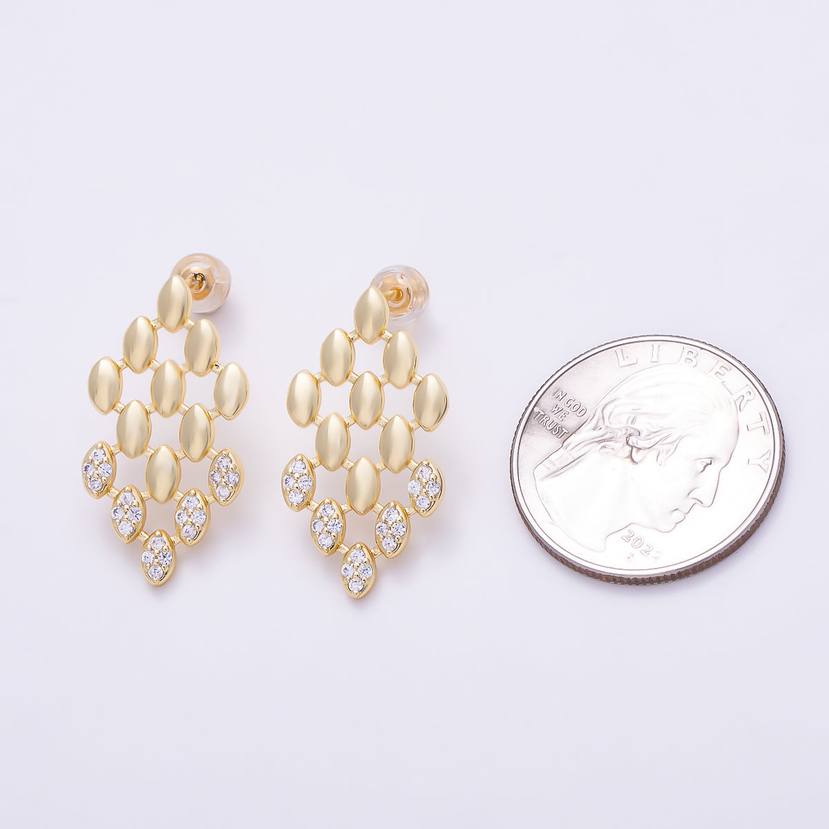 16K Gold Filled 27mm Half Micro Paved CZ Marquise Lattice Drop Stud Earrings in Gold & Silver | Earrings-00852 - Earrings-00853