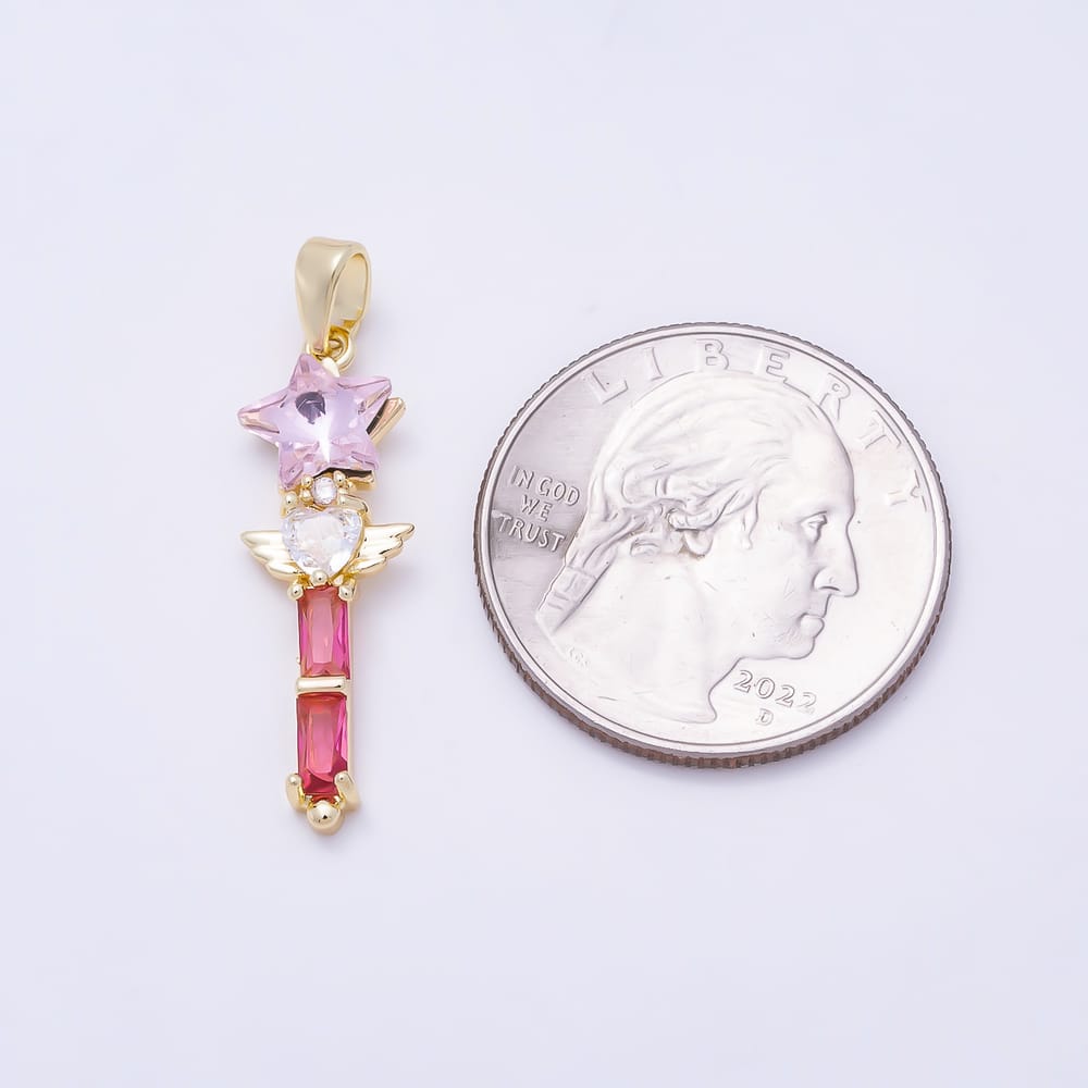 16K Gold Filled 27mm Pink CZ Star Heart Wings Magic Wand Pendant | Charms-02378