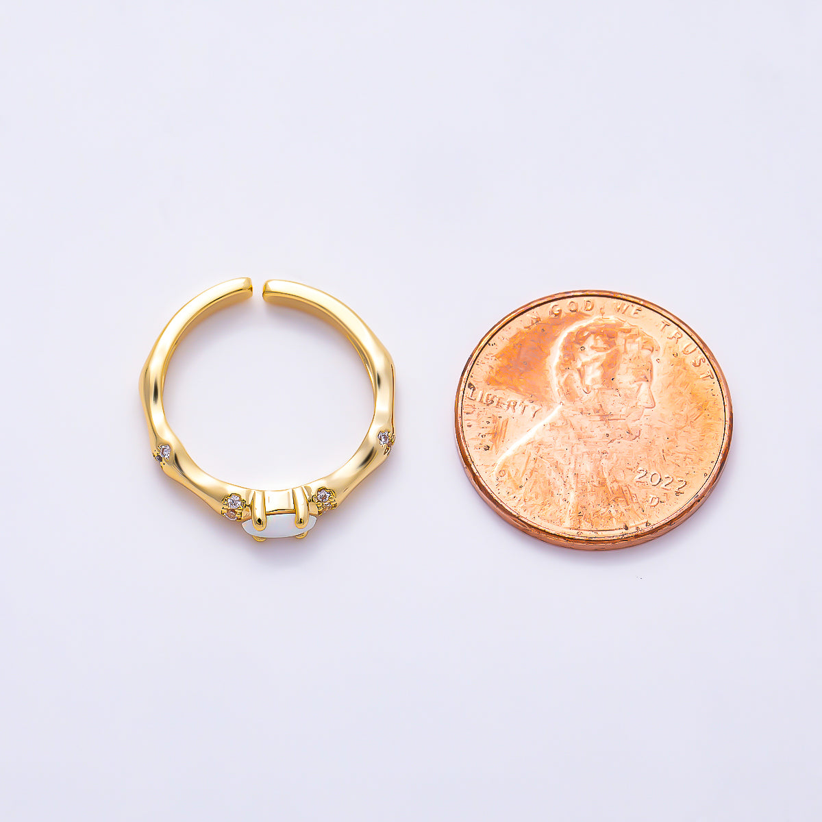 16K Gold Filled Oval White Opal Organic Bamboo Clear CZ Adjustable Ring | Rings-00384