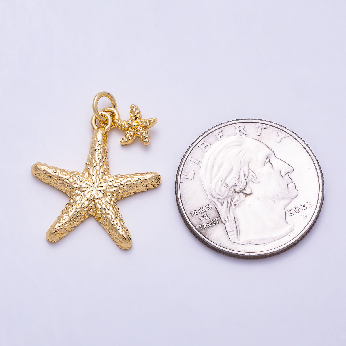 16K Gold Filled 33mm Starfish Textured Double Drop Charm | Charms-02001