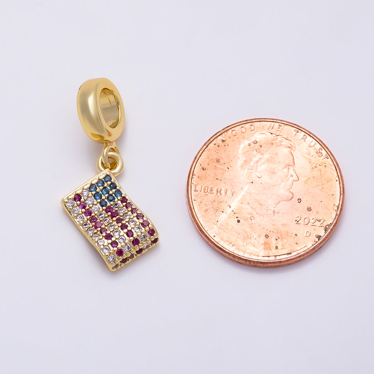 16K Gold Filled 13mm USA America Flag Micro Paved CZ Drop Rondelle Pendant in Gold & Silver | Charms-01452