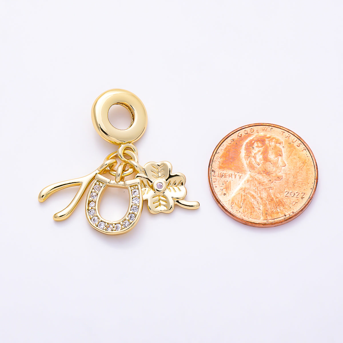 16K Gold Filled 15mm Micro Paved CZ Horseshoe Clover Wishbone Lucky Drop Rondelle Pendant in Gold & Silver | Charms-01512 - Charms-01513