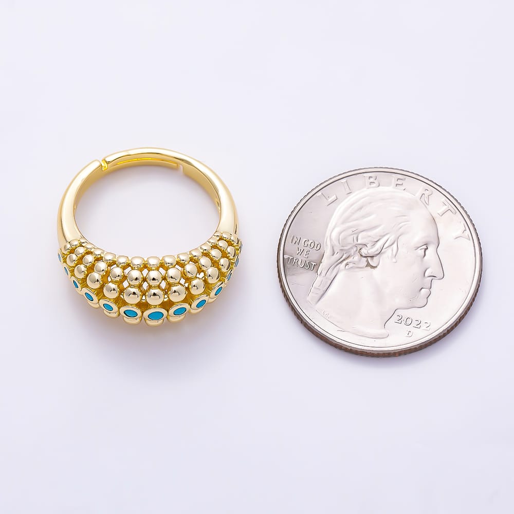 16K Gold Filled Turquoise Micro Paved CZ Multi-Row Beaded Bubble Dome Adjustable Ring | Rings-00409
