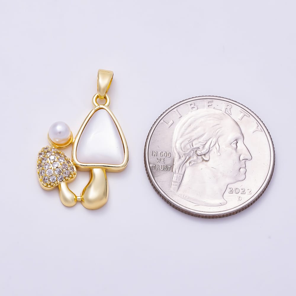16K Gold Filled 23mm Clear CZ Whimsical Twin Mushroom Mother of Pearl Pendant | Charms-02219