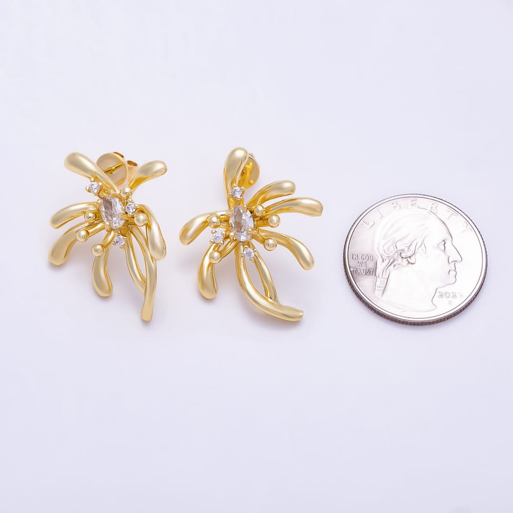 16K Gold Filled 30mm Oval CZ Sculptural Firework Stud Earrings in Gold & Silver | Earrings-00882 - Earrings-00883