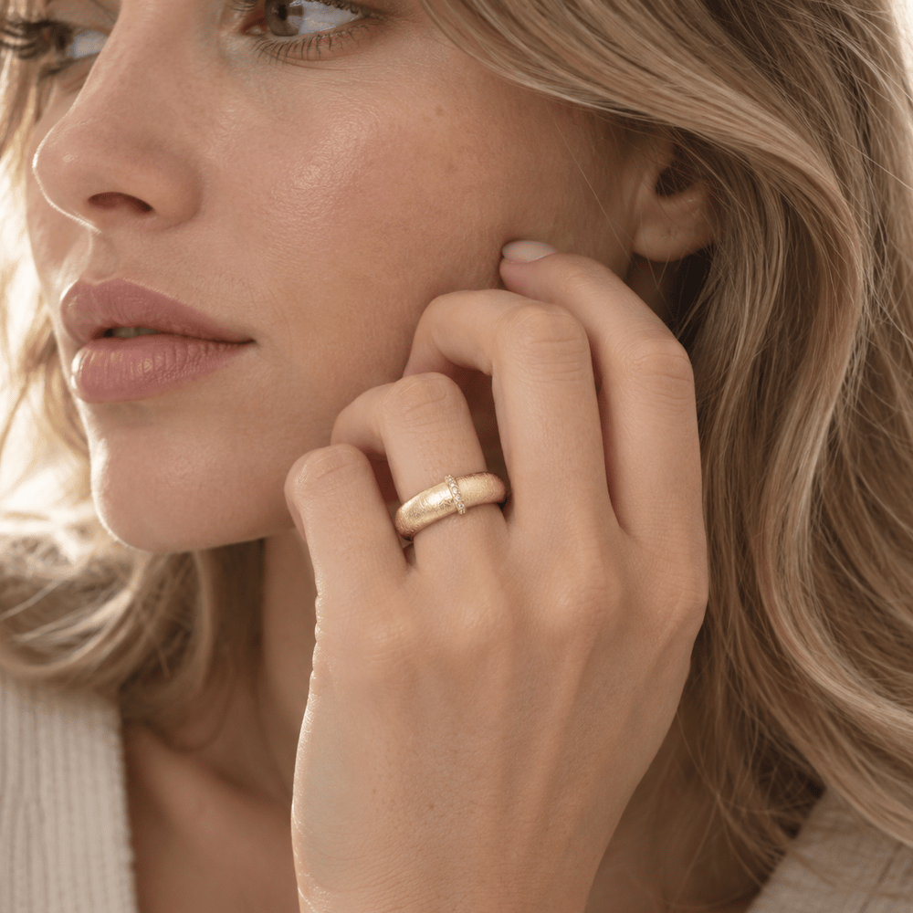16K Gold Filled Micro Paved CZ Rondelle Lined Textured Adjustable Ring | Rings-00433