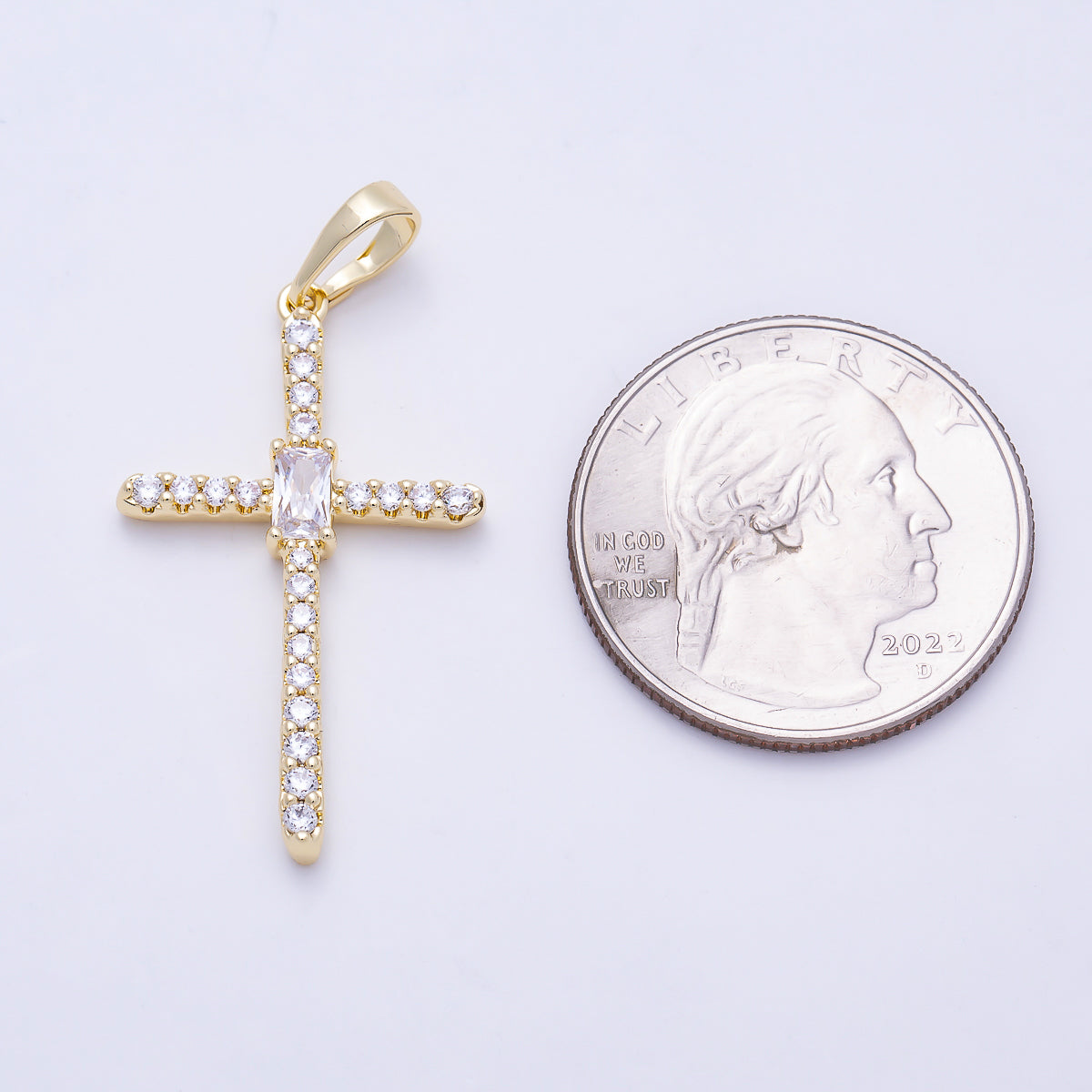 16K Gold Filled 32mm Clear Baguette Micro Paved CZ Cross Religious Pendant | Charms-01403